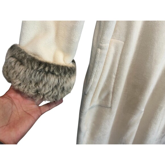 Natori Women's Faux Fur Trimmed Cozy Plush Kaftan Long Rob Size L Ivory Luxury - Picture 4 of 8